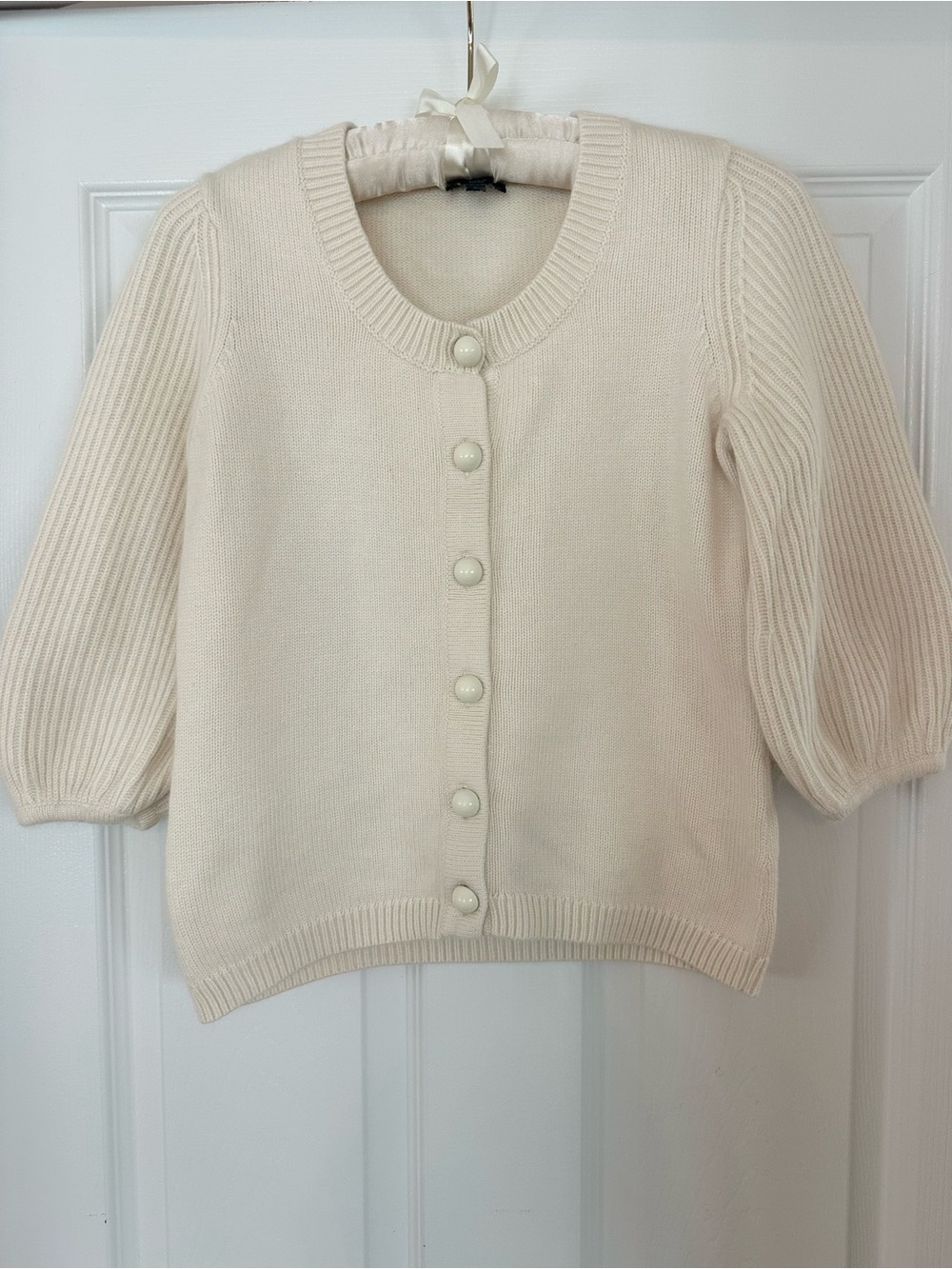 Talbots Cream Button-Front Angora Cotton Soft Heavy 3/4 Sleeve Cardigan SZ SM